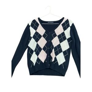 Brandy Melville Women's Multicolor Argyle Button Front V Neck Sweater Size